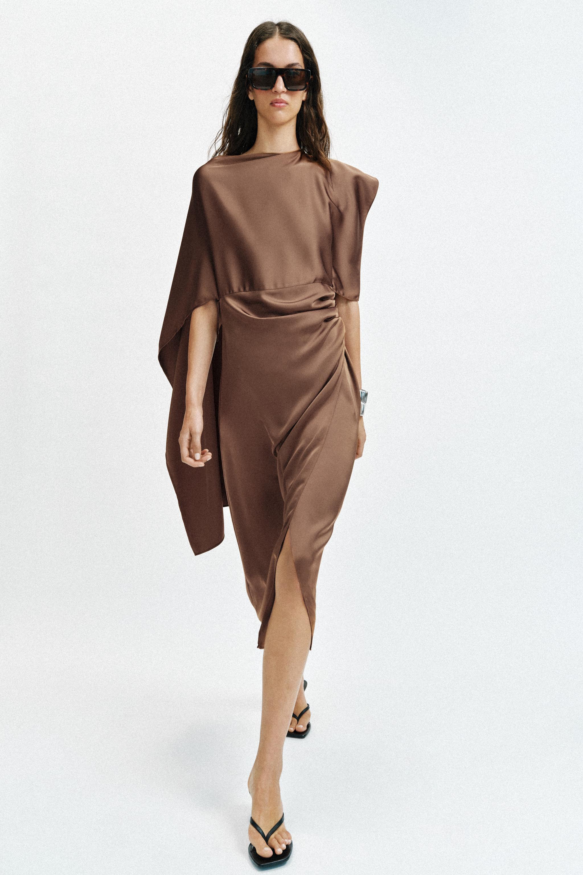 SATIN EFFECT CAPE MIDI DRESS